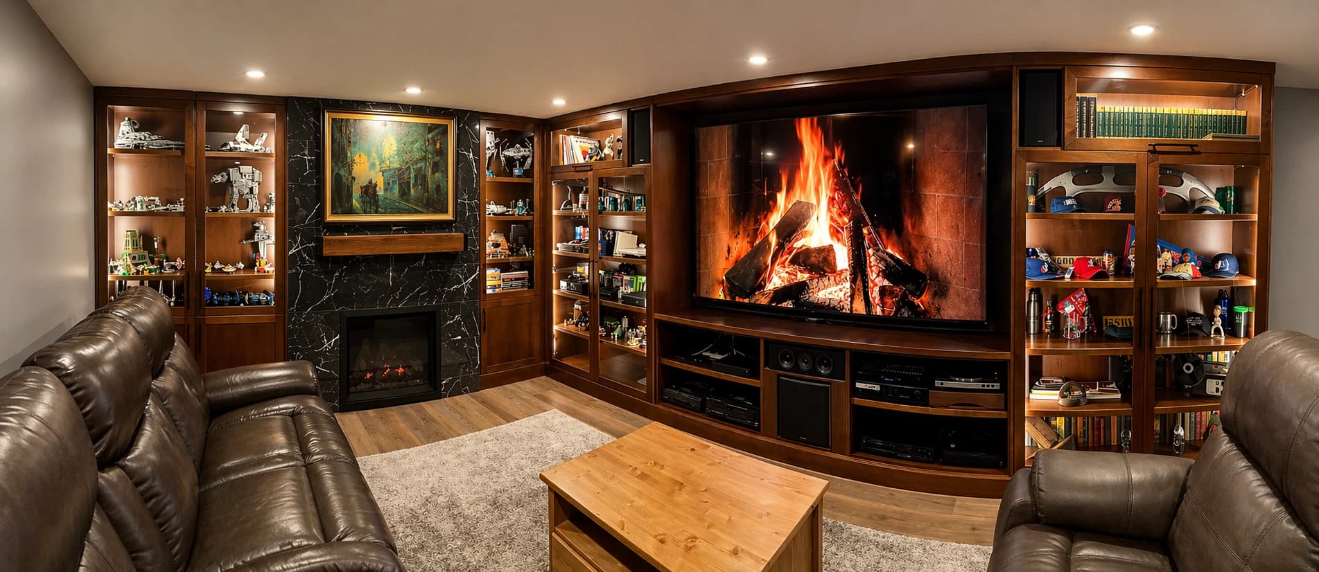 Theatre room with fireplace cabinet and built-in shelving