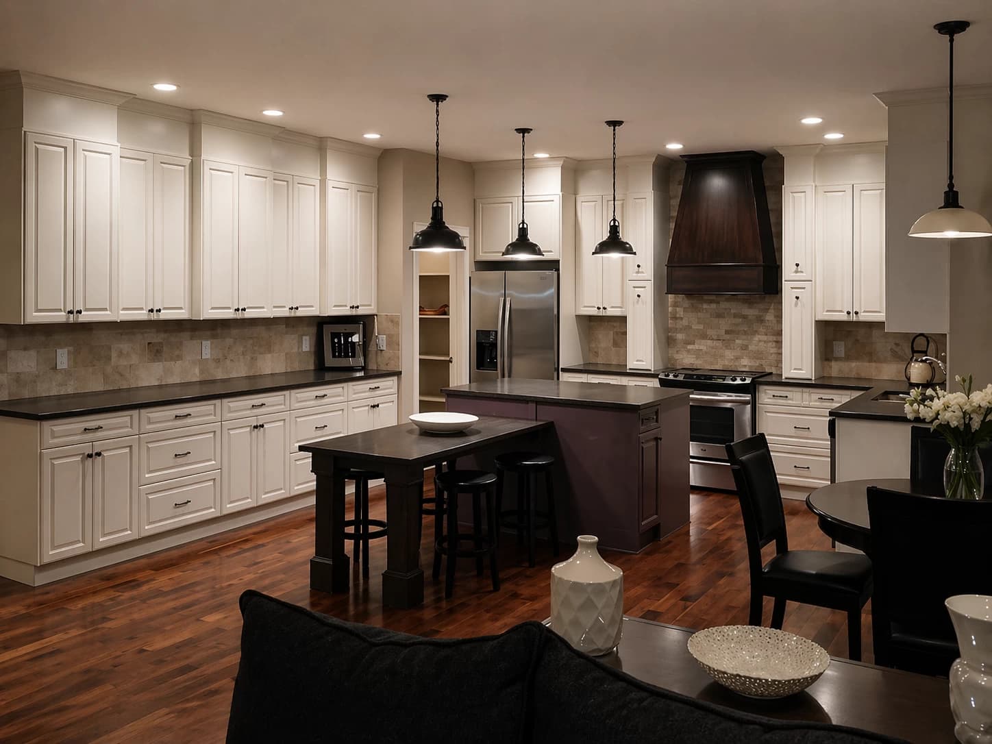 Traditional cream kitchen with dark wood hood