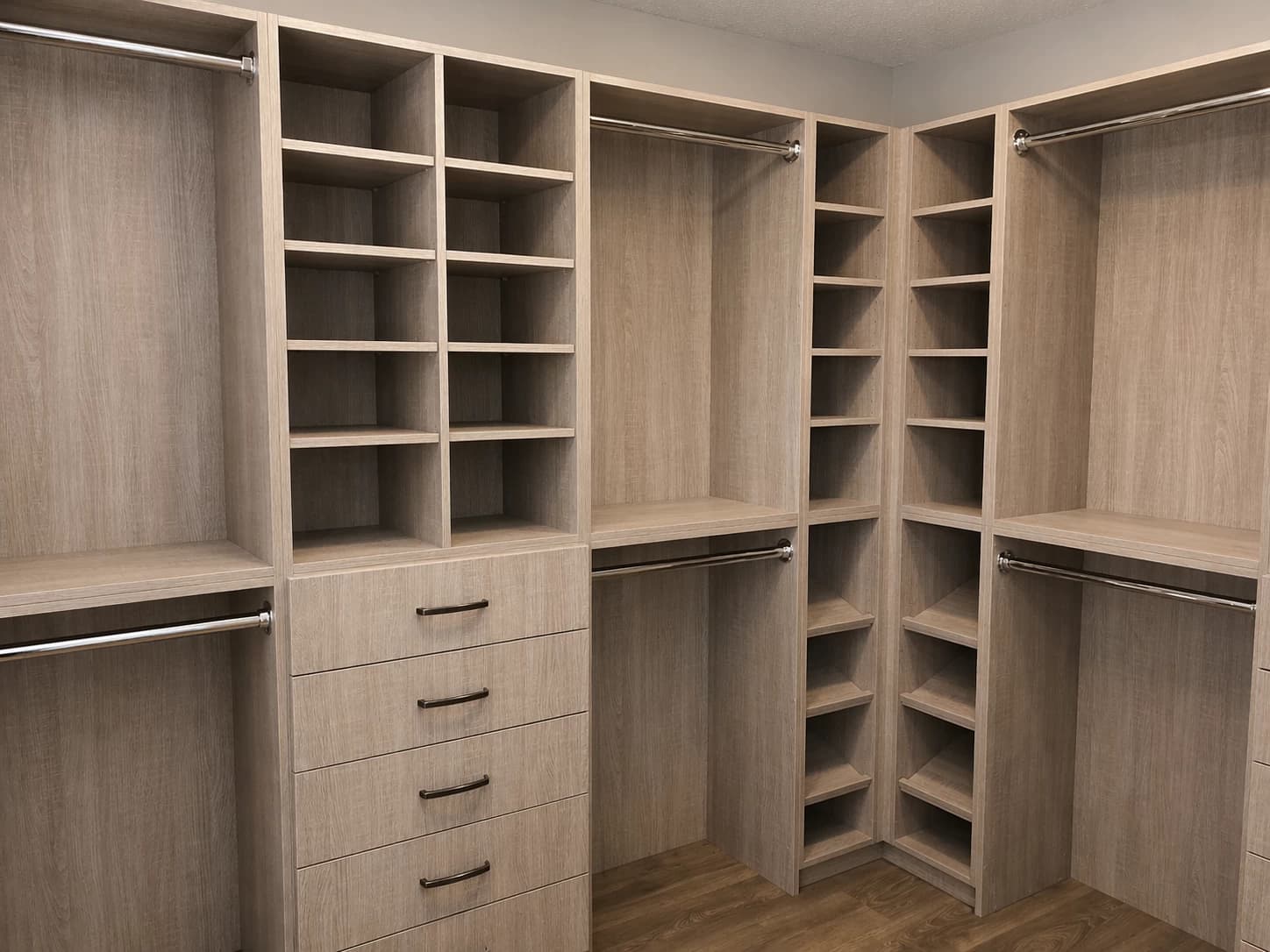 Light walnut walk-in closet organizer