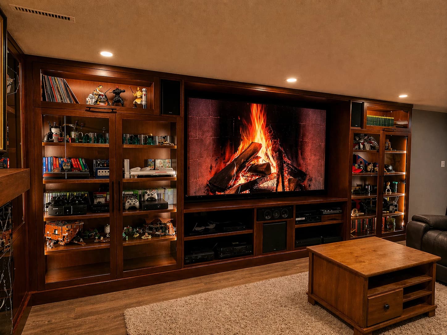 Entertainment centre with glass-front display shelves