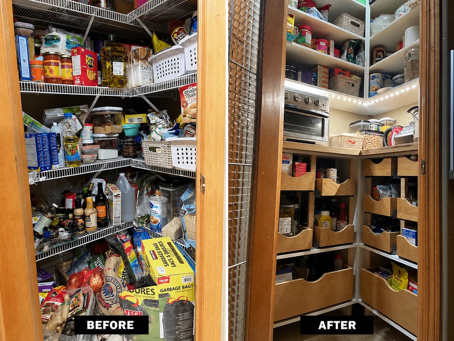 Pantry organisation before and after, with new pull-out drawers and shelving